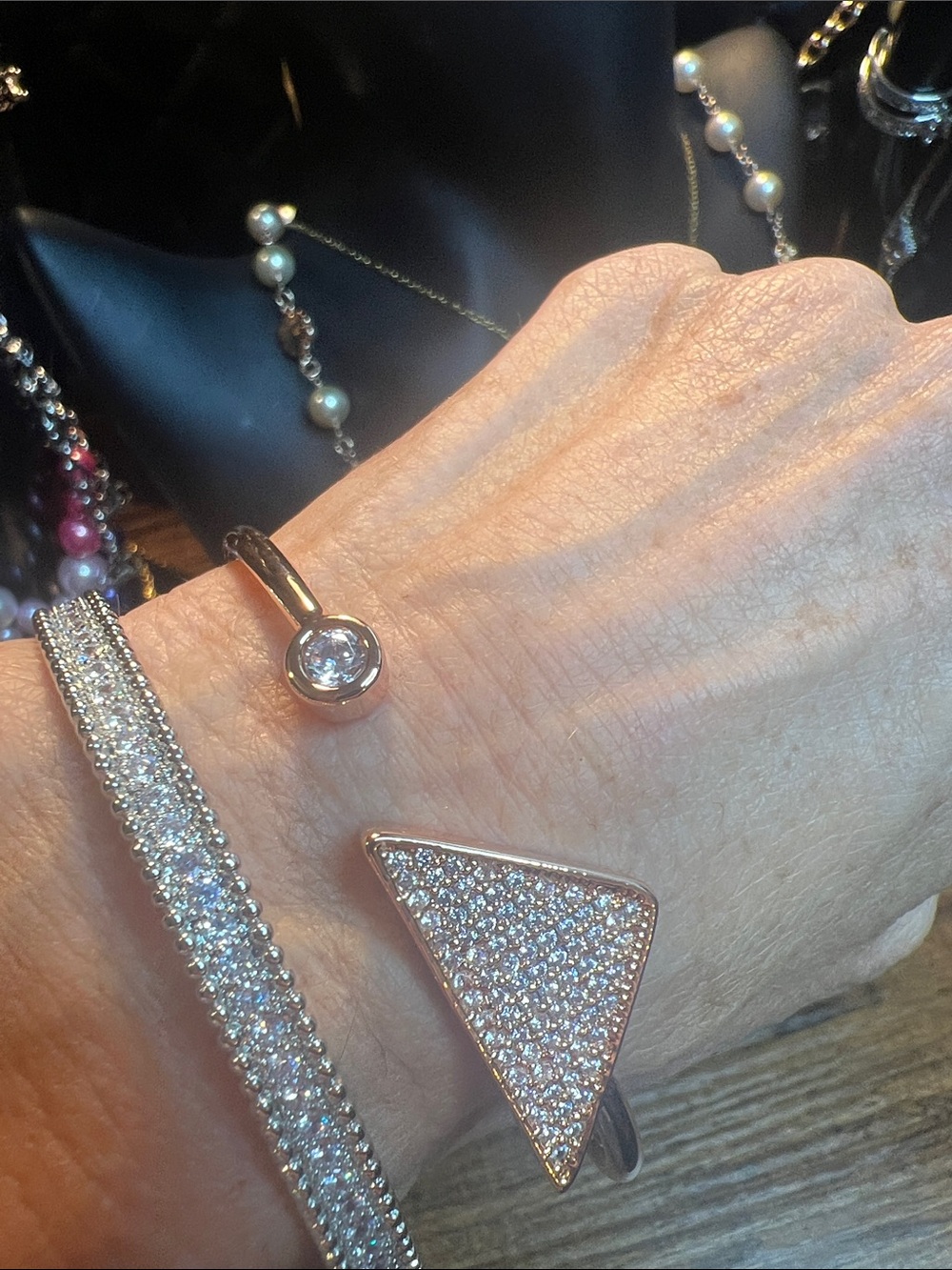 Rose Gold Pavé Triangle and Crystal Open Cuff Bracelet